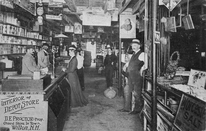 Wilton NH Interior of Depot Store Great Signage Busy Time 1909 Postcard