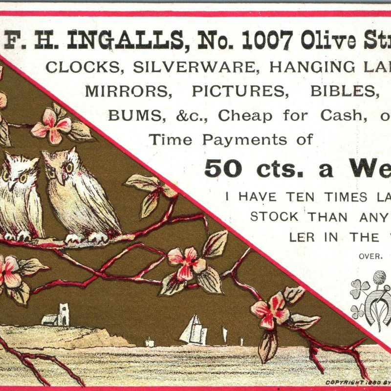 1880 St Louis, Mo. Cute Owl Couple Ingalls Clock Lamp Trade Card Olive Bird C26