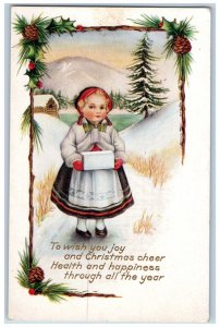Christmas Postcard Little Girl Pinecone Winter Scene Embossed c1910's Antique