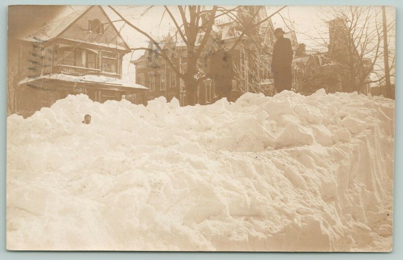 Menominee Michigan~Huge Victorian Mansion~Man Pokes Head Out Snowbank~1909 RPPC 