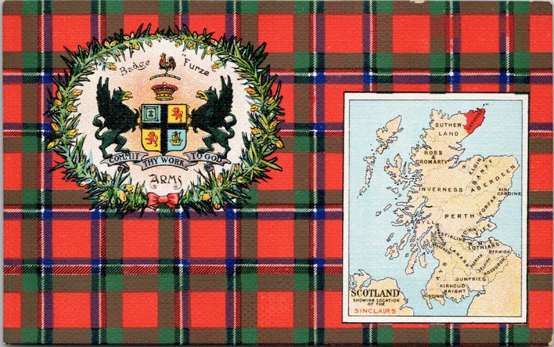 Caithness Clan Scotland Map Badge Furze Arms Unused W & AK Johnston Postcard G10