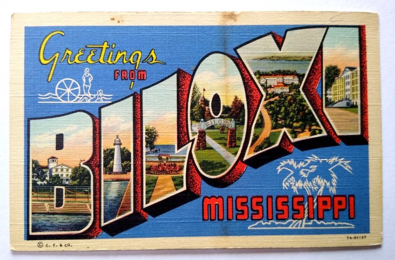 Greetings From Biloxi Mississippi Large Big Letter Linen Postcard Curt Teich