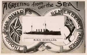 HMS Achilles Military War Ship Life Buoy Greetings Real Photo WW1 Postcard