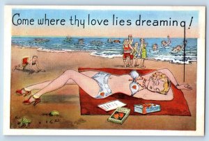 Sexy Woman Postcard Sun Bating Come Where Thy Love Lies Dreaming c1930's