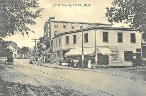 Onset MA Street View Storefronts Trolley Tracks Horse & Wagon Postcard