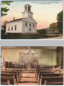 2 Postcards PLYMOUTH, VT  Handcolored UNION CHURCH Interior/Exterior Coolidge