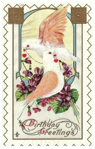 A Birthday Greetings Embossed w Bird Flowers Vintage Birthday Series 238A