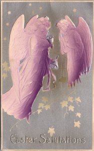Easter Salutations Postcard Two Angels Airbrushed Purple Ringing Bells