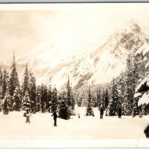 c1950s Snoqualmie Pass, Wash. RPPC Winter Scene People Skiing Real Photo PC A199