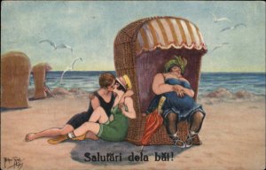 Beach Fun Bathing Beauty Kisses Man Mother Sleeps Arthur Thiele 1242  Postcard