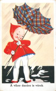 Comic drawn children greetings postcard Hungary umbrella storm brave girl