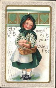 St Patrick's Day Cute Little Irish Girl with Basket c1910 Vintage Postcard