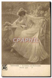 Old Postcard Laissement Woman with hydrangeas