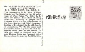 West Point Virginia Mattaponi Indian Reservation Princess Chief Postcard K97398