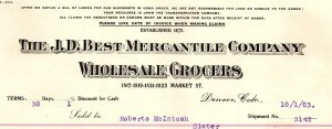 1903 DENVER CO THE J.D. BEST MERCANTILE COMPANY WHOLESALE GROCIERS BILLHEAD Z877