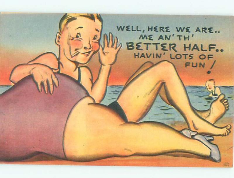 Linen Risque MAN LEANS ON BUTT OF FAT GIRL AT BEACH AB6660