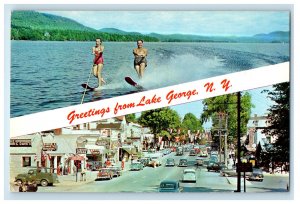 c1950s Water Skiing and Road, Greetings from Lake George NY Vintage Postcard 