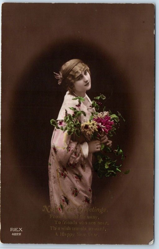 c1900s Beautiful American Young Lady Woman New Years RPPC Hand Colored Cute A136