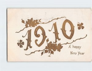 Postcard 1910, A Happy New Year with Flowers Leaves Embossed Art Print