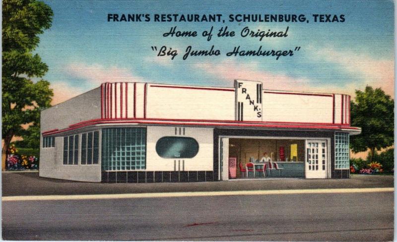 SCHULENBURG, TX  FRANK'S Restaurant HOME of BIG JUMBO c40s Roadside   Postcard