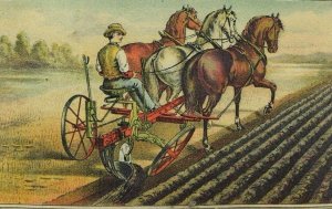1870's-80's Oliver's Patent Chilled Plow Farm Scene Man Horses Field &X