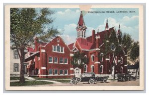 Postcard Congregational Church Lawrence Kans. Kansas Antique Autos