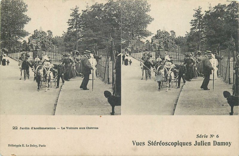 Postcard Stereo image France- Jardin d aclimatisation ride with poney carriage