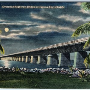 c1940s Pigeon Key West, FL Night Scene Overseas 7 Mile Bridge Highway Linen A328