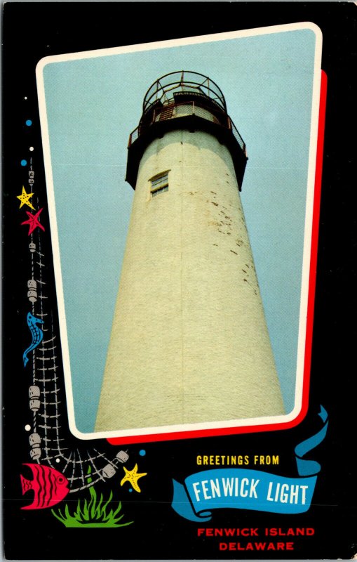 Vtg Greetings from Fenwick Lighthouse Fenwick Island Delaware DE Unused Postcard