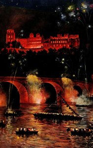 Germany Heidelberg Schlossbeleuchtung At Night Fireworks Vintage Postcard 03.72