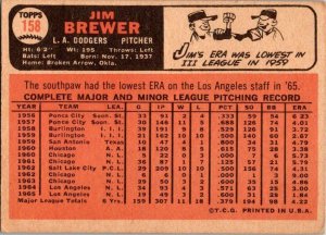 1966 Topps Baseball Card Jim Brewer Los Angeles Dodgers sk1997