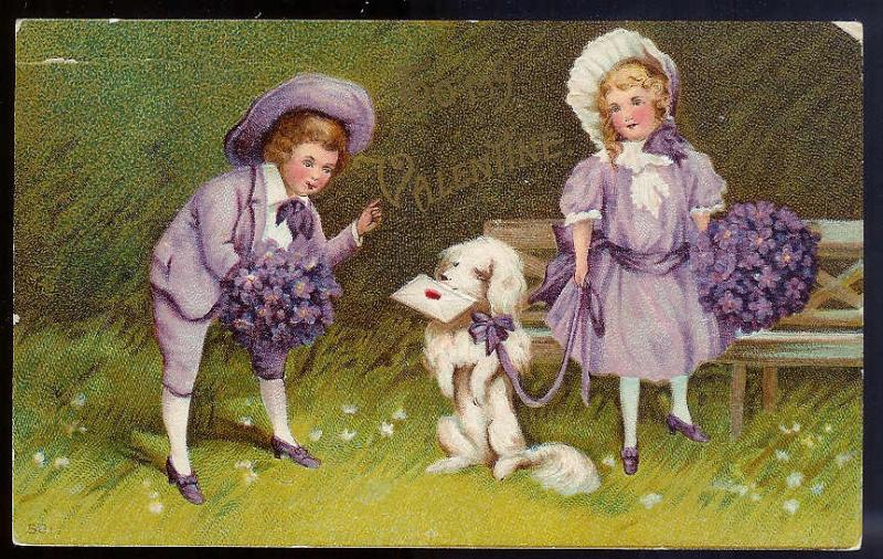 VALENTINE Children w/dog & letter unused 1910's