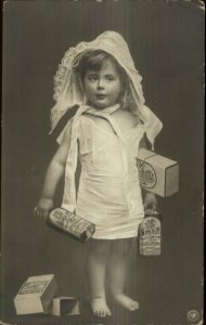 Girl Holding Roche Sirolin Medicine Bottles CRISP Real Photo Postcard ADVERT