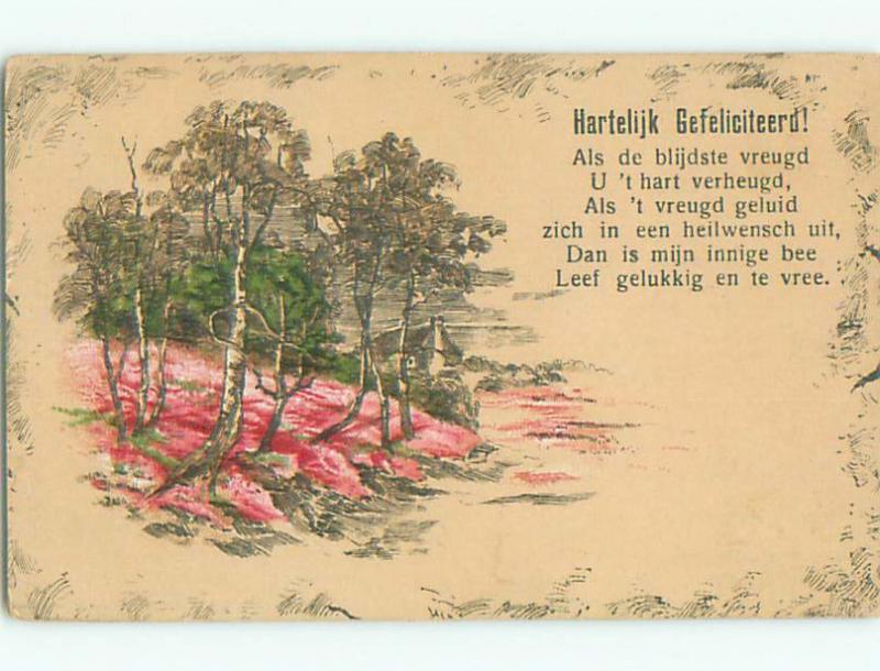 Pre-Linen foreign PINK FLOWER BLOSSOMS ALL OVER THE GROUND UNDER TREES J4680