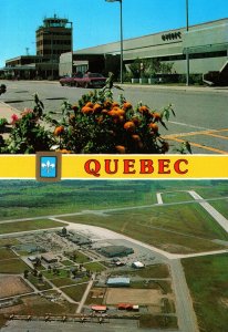 CONTINENTAL SIZE POSTCARD EARLY 1970s DUAL VIEW OF QUEBEC INTERNATIONAL AIRPORT