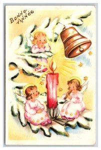 Cherub Angels Bell Candle Pine Baugh Bonne Annee New Year Postcard U22