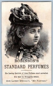 ROBINSON'S STANDARD PERFUMES*MAUD FANCY HAT*MY PARTNER*VICTORIAN TRADE CARD 