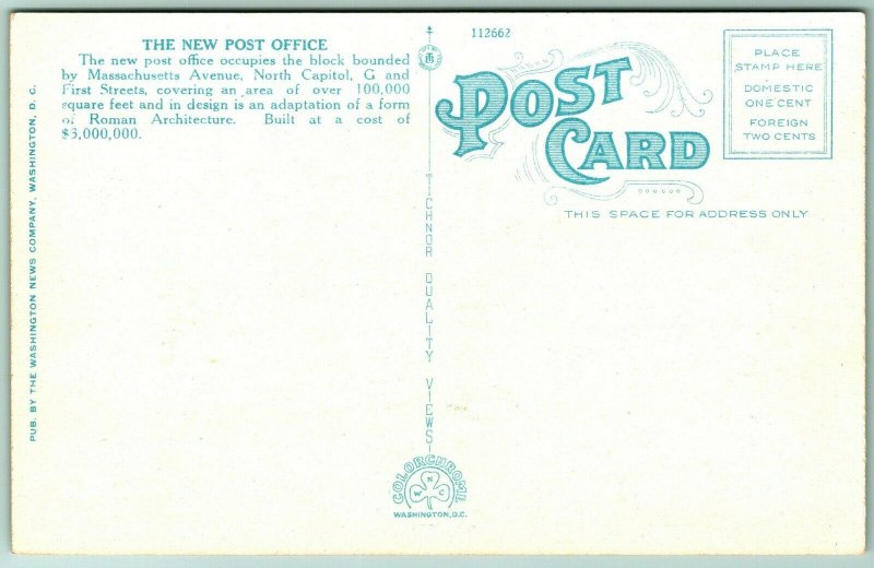 New Post Office Building Washington DC UNP Unused WB Postcard H12