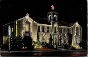 Linen Postcard City Hall with Christmas Lighting in Denton, Texas~137363