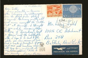 Postmark 1960 Geneve Switzerland Swans Fountain & Mount Blanc Photo Postcard