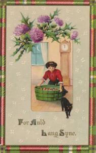 New Years Greetings Auld Lang Syne Thistle Black Cat Apple Bobbing pm 1912 - DB