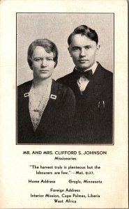 Mr. And Mrs. Clifford S Johnson Grygla Minn Missionaries West Africa Postcard