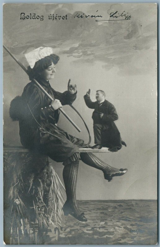 LADY w/little man SUFFRAGIST ANTIQUE REAL PHOTO POSTCARD RPPC HUNGARIAN