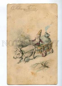 235016 NEW YEAR Dwarf GNOME & Pink PIG Vintage postcard