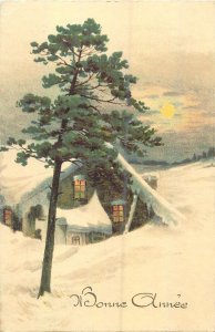 Postcard Holidays bonne annee winter scene snow sunset house sun moon tree