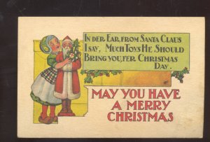 SANTA CLAUS GETTING A HUG VINTAGE CHRISTMAS POSTCARD