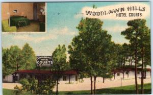 HENDERSON, Texas  TX   Roadside  WOODLAWN HILLS Hotel Court  1953 Linen Postcard