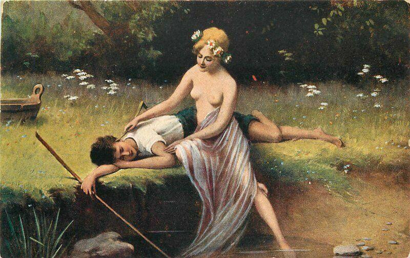 Artist impression C-1910 Lesbian Lovers fishing risque Postcard 4918