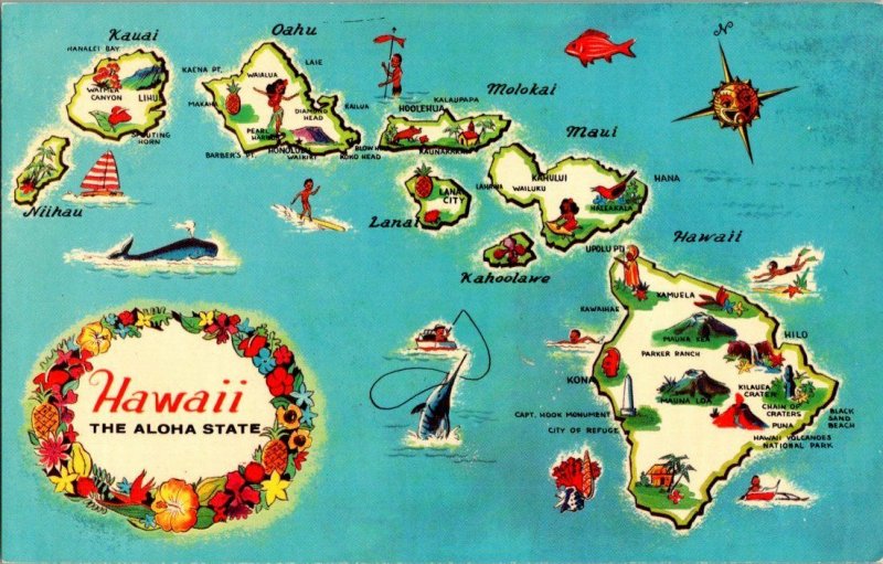 State of Hawaii Aloha State Vintage Map Postcard Standard View Card 