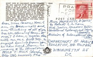 USA Night View Cincinnati Union Terminal Ohio Chrome Postcard B75